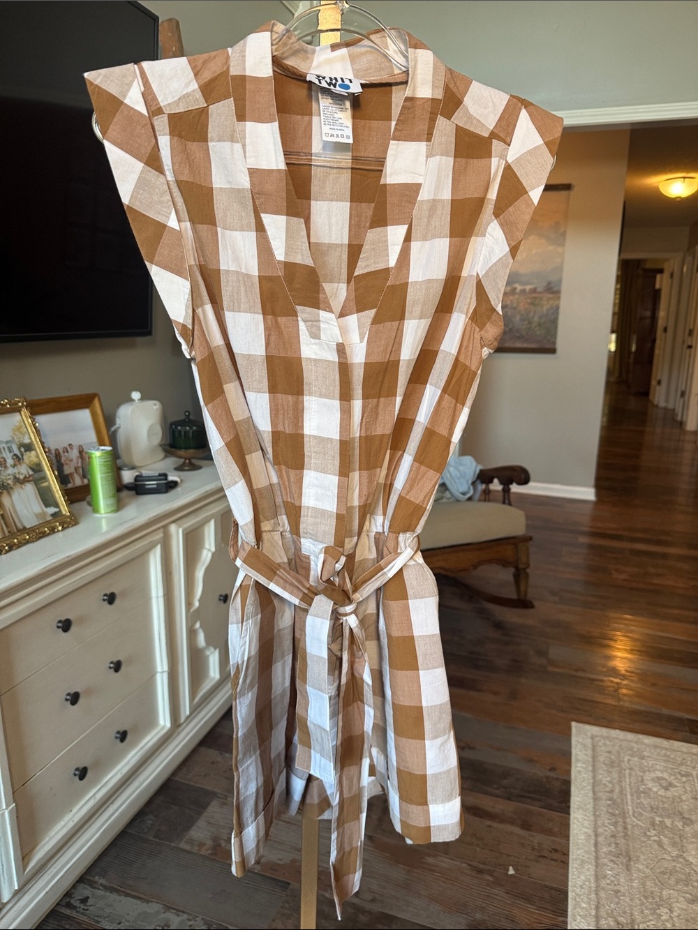 Brown & White Gingham Tie-Waist Dress